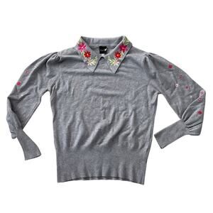 Aaeda Gray Embroidered Puff Sleeve Sweater L